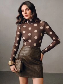 Anewsta 秋冬優雅時尚休閒性感透視網紗棕色波點高領長袖女款上衣，適合派對、夜生活、約會 - 棕色 - 查看 2