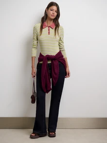 Nöista Striped Knit Polo Top Green And Yellow Collar Button Placket Casual Preppy Retro Vintage 70s 2000s Chic Back To School Fall Women's Winter - Green - View 6