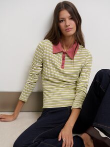 Nöista Striped Knit Polo Top Green And Yellow Collar Button Placket Casual Preppy Retro Vintage 70s 2000s Chic Back To School Fall Women's Winter - Green - View 1