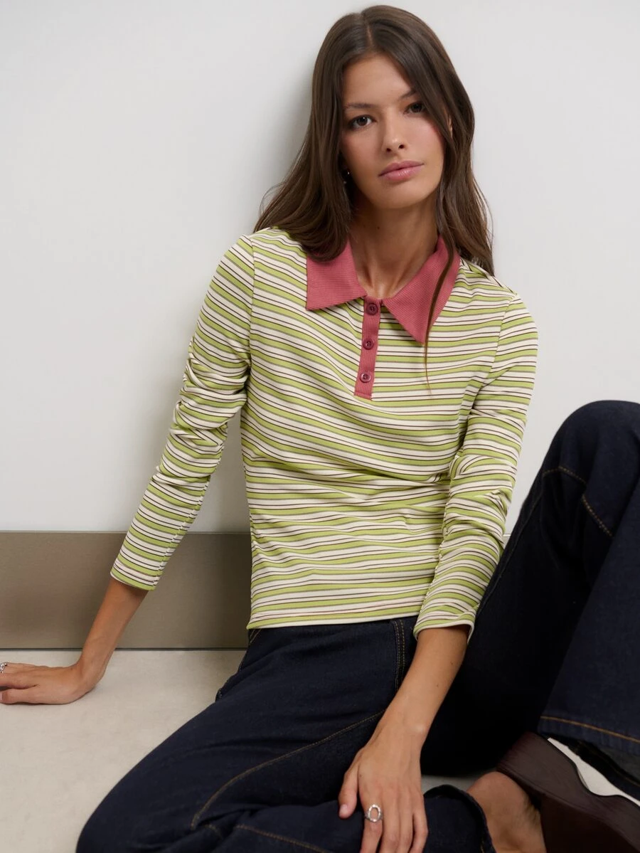 Nöista Striped Knit Polo Top Green And Yellow Collar Button Placket Casual Preppy Retro Vintage 70s 2000s Chic Back To School Fall Women's Winter - Green - View 1