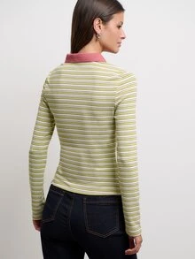 Nöista Striped Knit Polo Top Green And Yellow Collar Button Placket Casual Preppy Retro Vintage 70s 2000s Chic Back To School Fall Women's Winter - Green - View 4