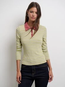 Nöista Striped Knit Polo Top Green And Yellow Collar Button Placket Casual Preppy Retro Vintage 70s 2000s Chic Back To School Fall Women's Winter - Green - View 3