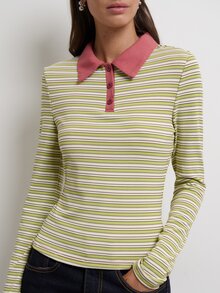 Nöista Striped Knit Polo Top Green And Yellow Collar Button Placket Casual Preppy Retro Vintage 70s 2000s Chic Back To School Fall Women's Winter - Green - View 5