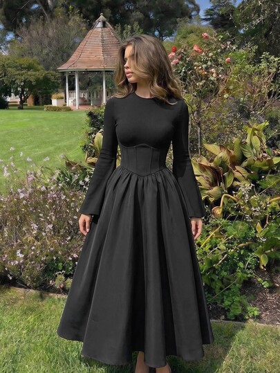 SHEIN MOD Elegantes schwarzes Skater-Kleid in großen Größen für Damen, geripptes Langarm-Midi-Partykleid, schwarze Kleider mit Ärmeln, Herbst- und Winterkleider, Halloween-Kleid