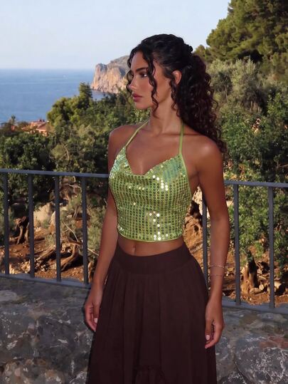SHEIN MOD Sparkling Green Sequin Halter Neck Tank Top For Women Dazzling Party Wear,Sequin Top,Party, Vacation Fashion Blouse