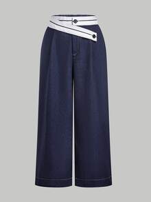 SHEIN MOD Plus Size Navy Blue Contrast Waist Asymmetrical Design Suit Pants, Elegant Casual Loose Fit Commuter Office Formal Trousers, Young Lady, Fall - Navy Blue - View 6