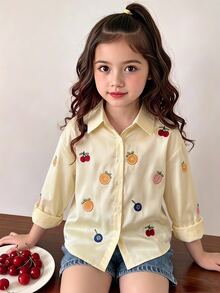 SHEIN 少女水果圖案長袖單排扣休閒襯衫，休閒、寬鬆、度假、返校、秋冬穿搭、水果、復古 - 彩色 - 查看 2