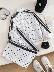 SHEIN Sparklyn 2件裝 TweeGirls A 色塊條紋拉鍊外套 校園風 黑白波點 秋季運動休閒款 - 彩色 - 查看 2