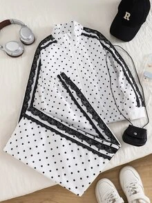 SHEIN Sparklyn 2件裝 TweeGirls A 色塊條紋拉鍊外套 校園風 黑白波點 秋季運動休閒款 - 彩色 - 查看 4