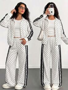 SHEIN Sparklyn 2件裝 TweeGirls A 色塊條紋拉鍊外套 校園風 黑白波點 秋季運動休閒款 - 彩色 - 查看 1