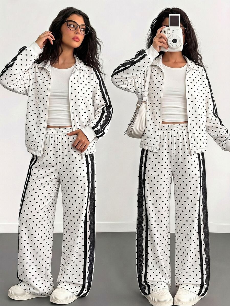 SHEIN Sparklyn 2件裝 TweeGirls A 色塊條紋拉鍊外套 校園風 黑白波點 秋季運動休閒款 - 彩色 - 查看 1