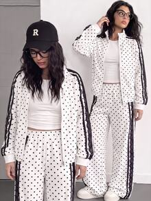SHEIN Sparklyn 2件裝 TweeGirls A 色塊條紋拉鍊外套 校園風 黑白波點 秋季運動休閒款 - 彩色 - 查看 3