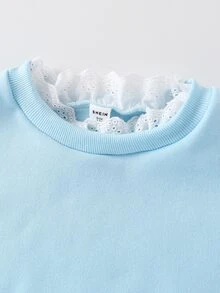 青少年女孩休閒韓系拼接白色蕾絲刺繡領抓褶喇叭袖蕾絲袖口運動衫，秋季款 - 淺藍色 - 查看 2