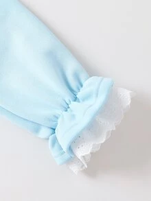 青少年女孩休閒韓系拼接白色蕾絲刺繡領抓褶喇叭袖蕾絲袖口運動衫，秋季款 - 淺藍色 - 查看 6