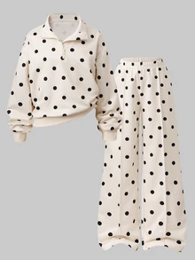 Tween Girls 2-Piece Set Polo Pullzipper Wide Leg Sweatpants Polka Dots, Casual, Minimalist, Loose, Knit, Back To School, Vintage, Fall Clothes, Fall - Multicolor - View 5