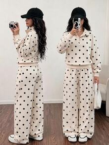 Tween Girls 2-Piece Set Polo Pullzipper Wide Leg Sweatpants Polka Dots, Casual, Minimalist, Loose, Knit, Back To School, Vintage, Fall Clothes, Fall - Multicolor - View 4