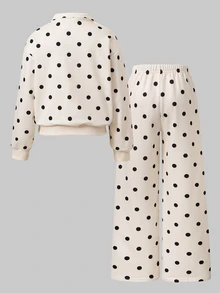 Tween Girls 2-Piece Set Polo Pullzipper Wide Leg Sweatpants Polka Dots, Casual, Minimalist, Loose, Knit, Back To School, Vintage, Fall Clothes, Fall - Multicolor - View 2