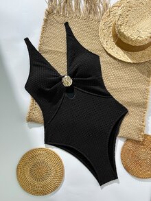 Swim Chiccia Spring/Summer Women's Deep V Cutout Metal Decor One-Piece Swimsuit - Black - View 3