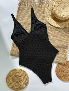 Swim Chiccia Spring/Summer Women's Deep V Cutout Metal Decor One-Piece Swimsuit - Black - View 4