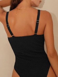Swim Chiccia Spring/Summer Women's Deep V Cutout Metal Decor One-Piece Swimsuit - Black - View 2