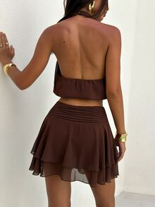 Aloruh Women's Chocolate Brown Summer Tropical Vacation Holiday Set,Halter Backless Bubble Top&Ruched A-Line Tiered Flare Mini Skirt, Y2K Elegant Outfit - Brown - View 5
