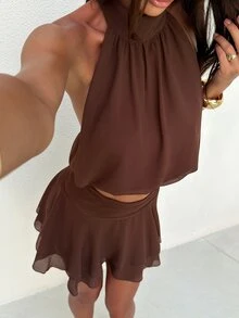 Aloruh Women's Chocolate Brown Summer Tropical Vacation Holiday Set,Halter Backless Bubble Top&Ruched A-Line Tiered Flare Mini Skirt, Y2K Elegant Outfit - Brown - View 6