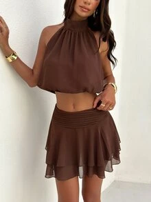 Aloruh Women's Chocolate Brown Summer Tropical Vacation Holiday Set,Halter Backless Bubble Top&Ruched A-Line Tiered Flare Mini Skirt, Y2K Elegant Outfit - Brown - View 2