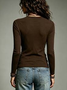 Balvessa Women's Brown Cross Waist Versatile Knit Top - Brown - View 2