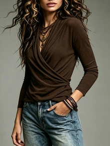 Balvessa Women's Brown Cross Waist Versatile Knit Top - Brown - View 6