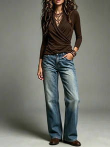 Balvessa Women's Brown Cross Waist Versatile Knit Top - Brown - View 3