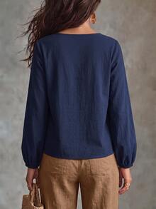 EMERY ROSE Plus Size Women's Autumn Casual V-Neck Long Sleeve Lace Trim Blouse Fall - Navy Blue - View 2