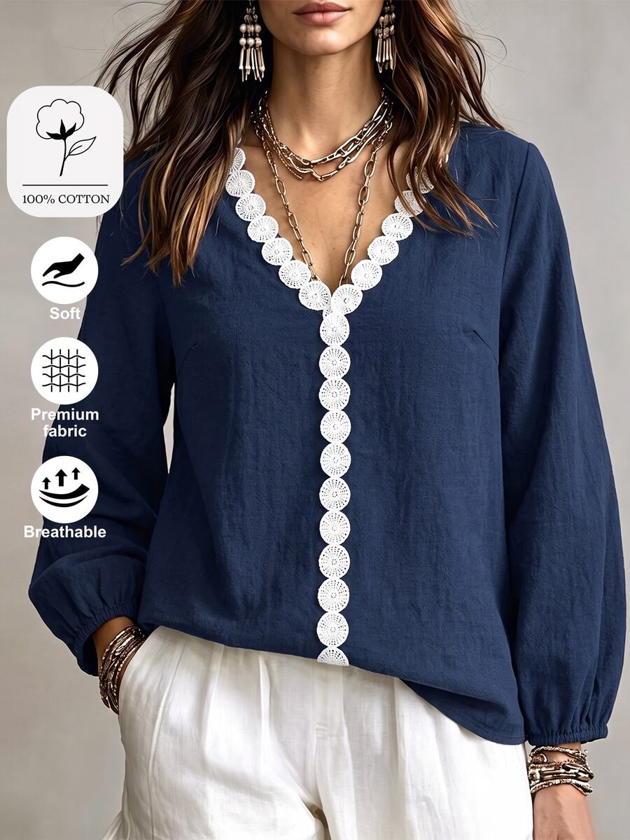 EMERY ROSE Plus Size Women's Autumn Casual V-Neck Long Sleeve Lace Trim Blouse Fall - Navy Blue - View 1