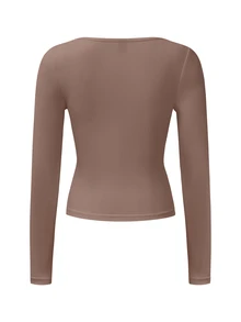Zavorell Square Neck Ruched Side Crop Tee Fall Cloth For Women - Coffee Brown - View 2