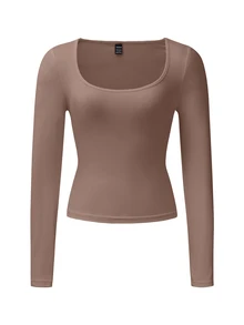 Zavorell Square Neck Ruched Side Crop Tee Fall Cloth For Women - Coffee Brown - View 6