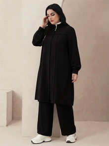 Modelyn Elegant Solid Color Zipper Long Sleeve Outerwear Autumn/Winter Women's Arabic Clothing Set Fall - Black - View 6