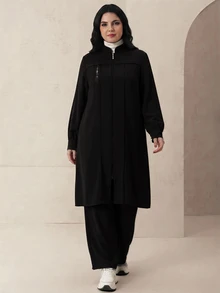Modelyn Elegant Solid Color Zipper Long Sleeve Outerwear Autumn/Winter Women's Arabic Clothing Set Fall - Black - View 4