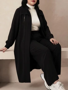 Modelyn Elegant Solid Color Zipper Long Sleeve Outerwear Autumn/Winter Women's Arabic Clothing Set Fall - Black - View 1