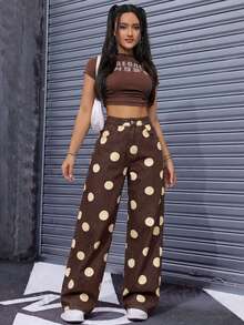 Rivivi Brown Polka Dot Polka Dot Print Loose Straight Leg Denim Jeans Everyday Night Out Going Out Summer Y2k Retro Street Streetwear - Brown - View 5