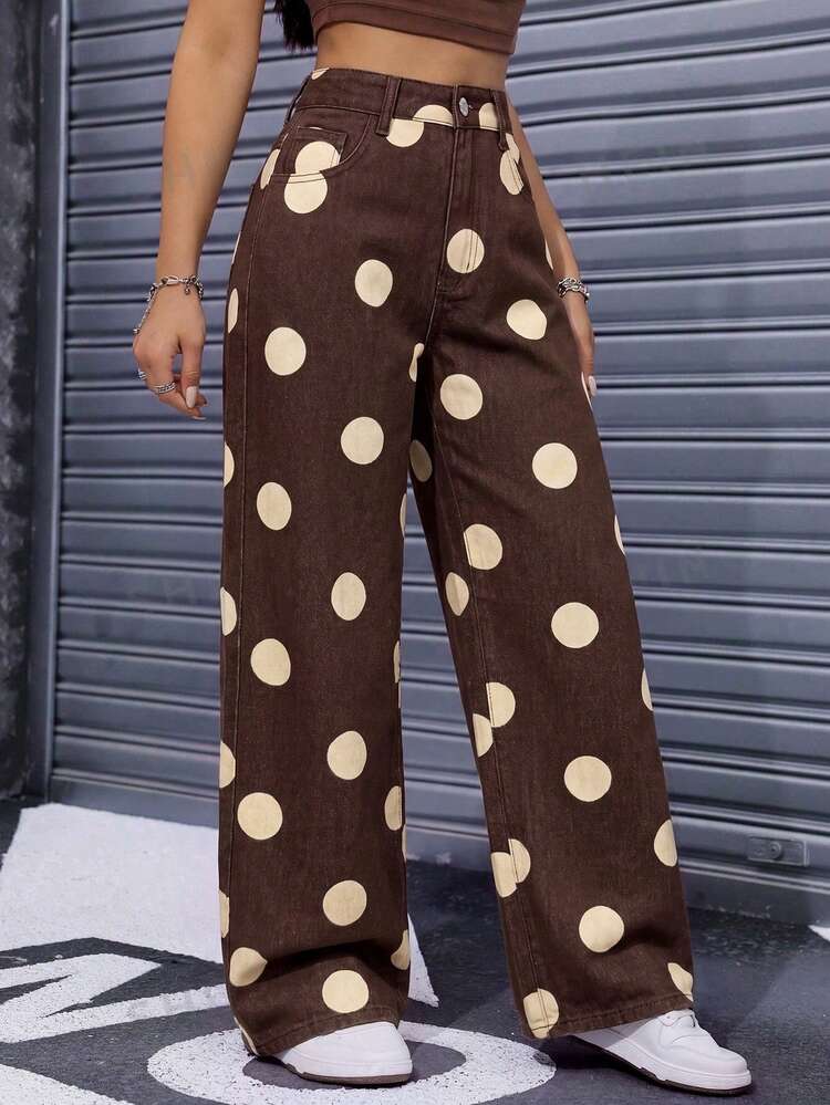 Rivivi Brown Polka Dot Print Loose Straight Leg Denim Jeans Everyday Going Out Summer Y2k Streetwear - Brown - View 3