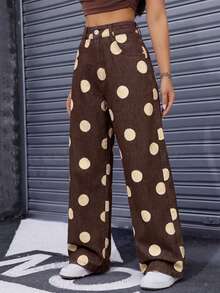 Rivivi Brown Polka Dot Polka Dot Print Loose Straight Leg Denim Jeans Everyday Night Out Going Out Summer Y2k Retro Street Streetwear - Brown - View 4