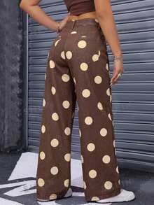 Rivivi Brown Polka Dot Polka Dot Print Loose Straight Leg Denim Jeans Everyday Night Out Going Out Summer Y2k Retro Street Streetwear - Brown - View 2