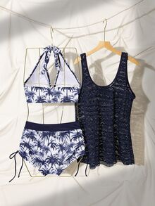 SHEIN Swim 女士 3 件套沙滩装，深 V 椰子树印花短裤搭配镂空针织和服和吊带背心，成熟度假风格，适合新年， - 藏蓝色 - 查看 4
