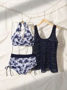SHEIN Swim 女士 3 件套沙滩装，深 V 椰子树印花短裤搭配镂空针织和服和吊带背心，成熟度假风格，适合新年， - 藏蓝色 - 查看 6