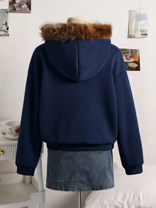 秋冬季青少年女孩連帽拉鍊外套－混搭街頭風運動衫，秋季服飾，節日穿搭 - 藏蓝色 - 查看 2