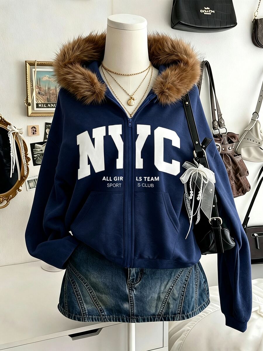 秋冬季青少年女孩連帽拉鍊外套-混搭街頭風運動衫,秋季服飾,節日穿搭 - 藏蓝色 - 查看 1