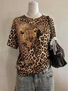 Rovax New Fashion Women's T-Shirt Retro Leopard Print Casual Street Style, Animal Pattern Short-Sleeve T-Shirt - Multicolor - View 5