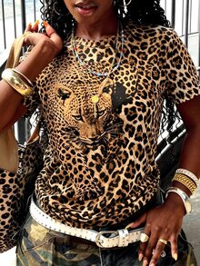 Rovax New Fashion Women's T-Shirt Retro Leopard Print Casual Street Style, Animal Pattern Short-Sleeve T-Shirt - Multicolor - View 7