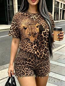 Rovax New Fashion Women's T-Shirt Retro Leopard Print Casual Street Style, Animal Pattern Short-Sleeve T-Shirt - Multicolor - View 1