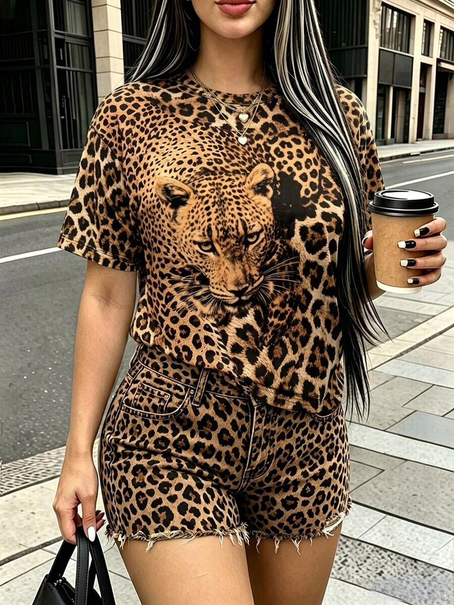 Rovax New Fashion Women's T-Shirt Retro Leopard Print Casual Street Style, Animal Pattern Short-Sleeve T-Shirt - Multicolor - View 1