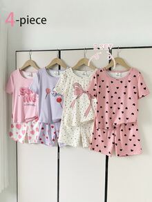 4件組青少年女孩修身睡衣套裝，粉色與黑色愛心印花米色波點，柔軟羅紋針織夏季可愛居家睡衣短袖短褲 - 粉色 - 查看 7